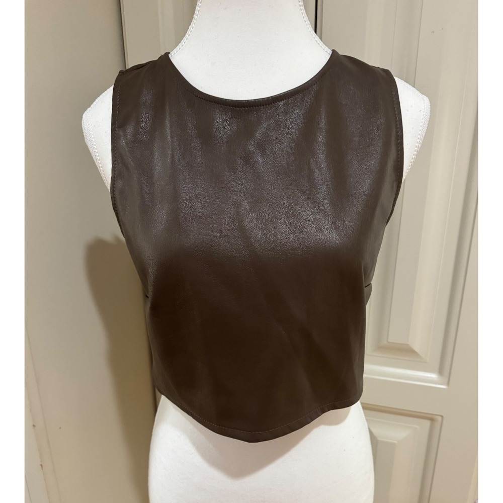 Kirious Los Angeles‎ Brown Faux Leather Crop Top Sleeveless Vest Back Zip Medium